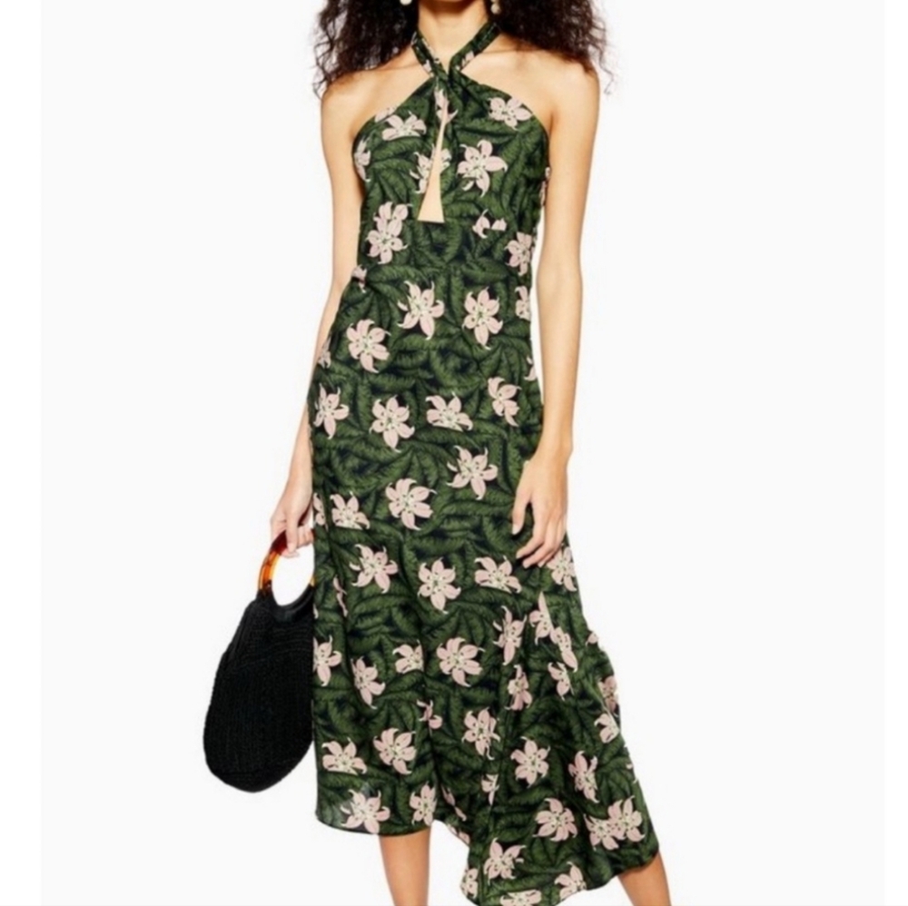 Topshop Floral Halter Neck Dress
